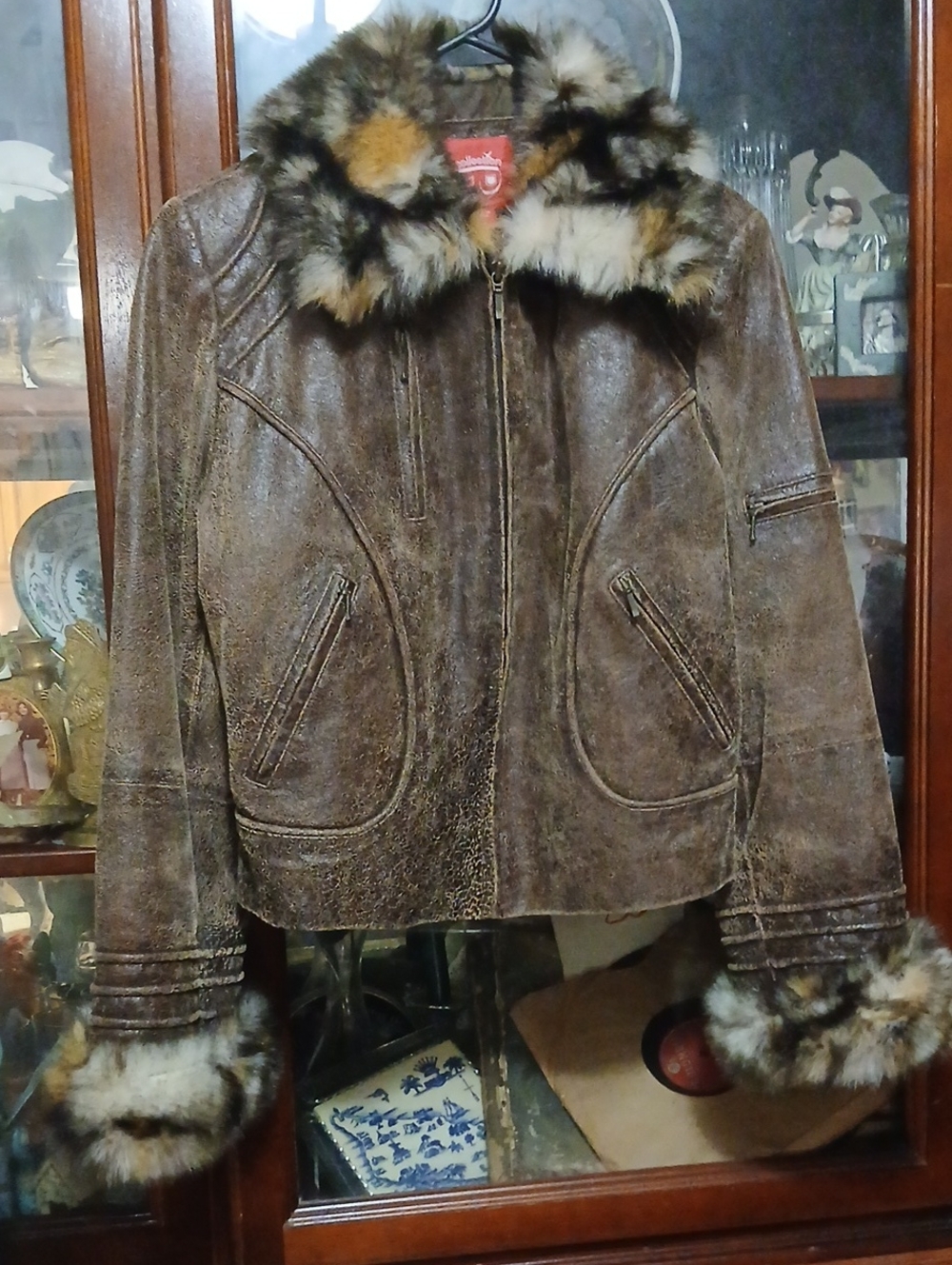 Collection B Distressed Brown Leather Jacket with Faux-Fur Trim,szL